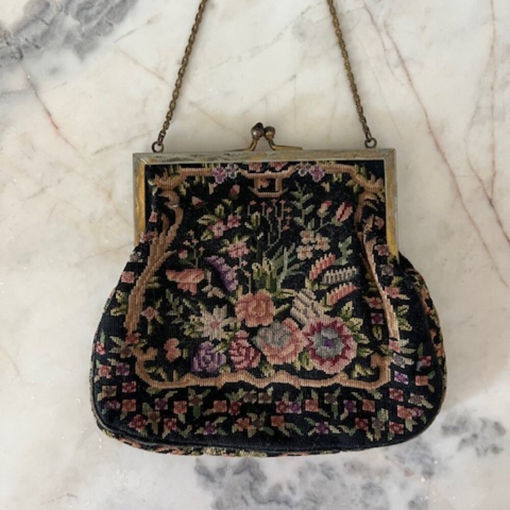 Antique Kisslock Petitpoint Handbag Evening Bag, Silk and Wool
